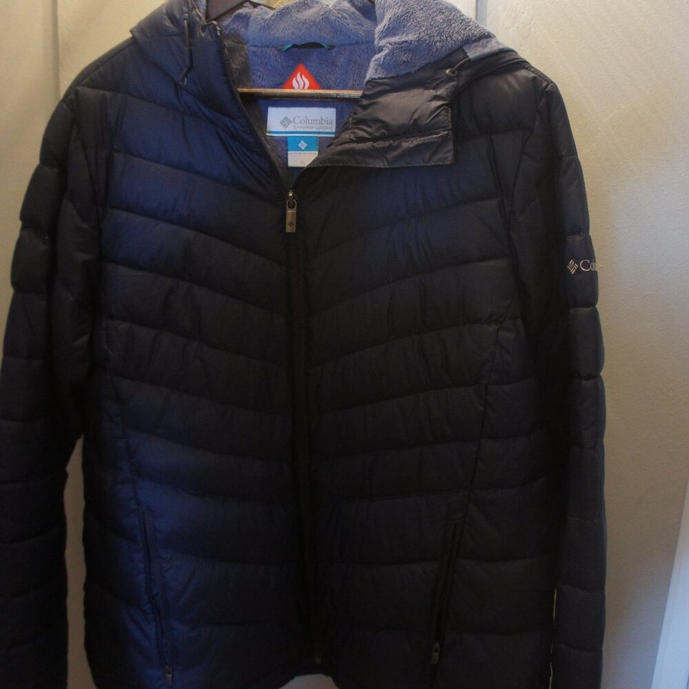 COLUMBIA women's size XL full length blue quilted hooded zip up winter raincoat